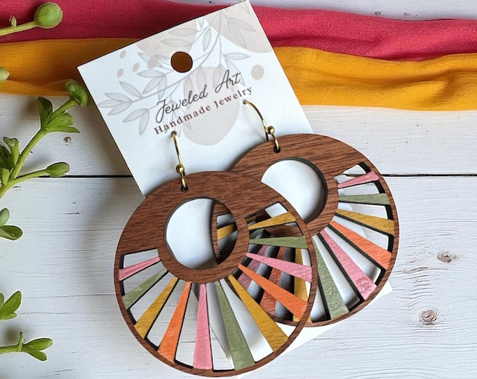 Hand-Painted Boho Sunburst Large Wood Earrings