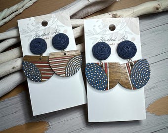 Hand-Painted Patriotic Half-Circle Wood Earrings with Navy Rosettes - Americana