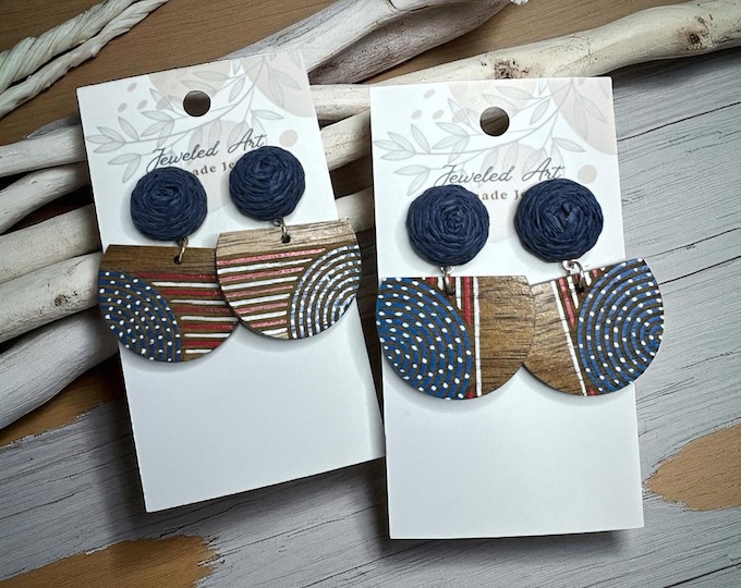 Hand-Painted Patriotic Half-Circle Wood Earrings with Navy Rosettes - Americana
