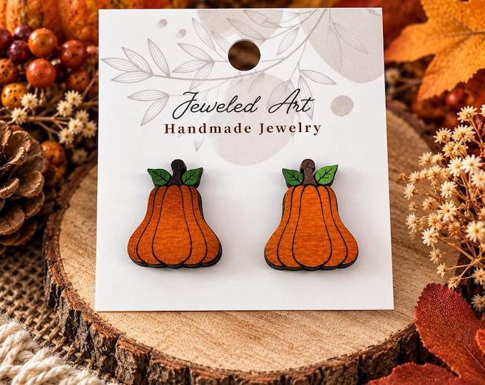 Pumpkin Stud Earrings – Petite Fall Pumpkin Design – Jeweled Art Handmade