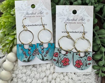 Watercolor Floral Hoop Earrings Collection – 2 Styles - Hand-painted Leather