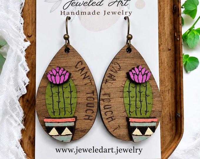 Hand-Painted “Can’t Touch This” Cactus Wood Earrings