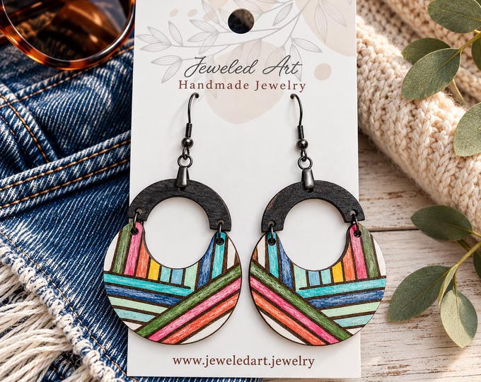 Hand-Painted Geometric Boho Lines Leather Earrings - 3 Styles