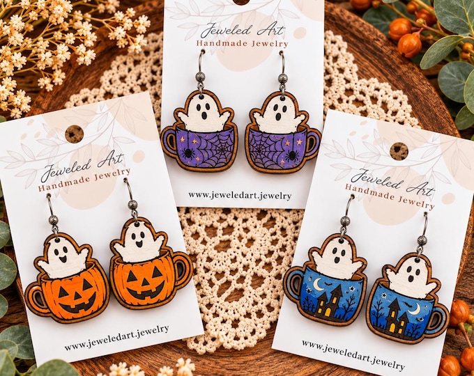 Ghost in a Mug Earrings – Halloween Coffee Cup Earrings – Jeweled Art Handmade