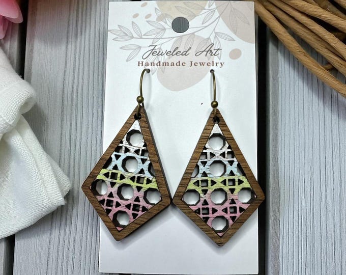 Hand-Painted Rattan Pastel Cutout Wood Earrings