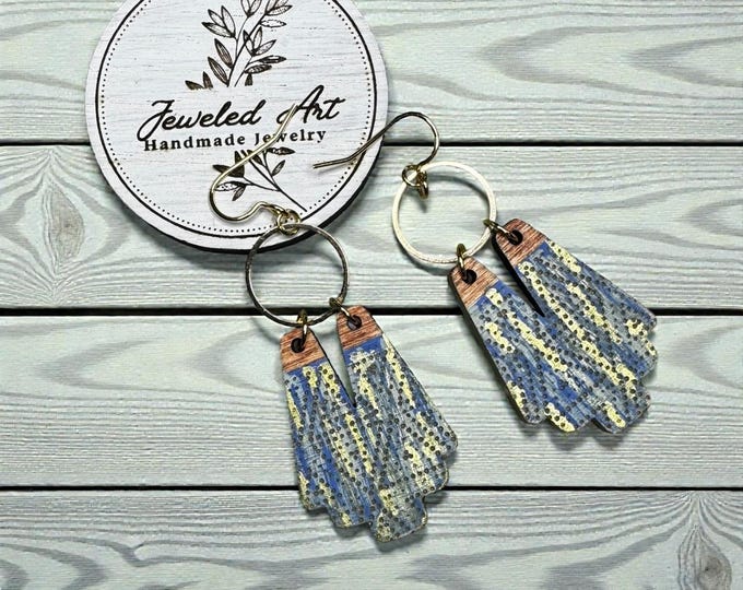 Hand-Painted Textured Blue Wood Engraved V Drop Earrings with Brass Hoops