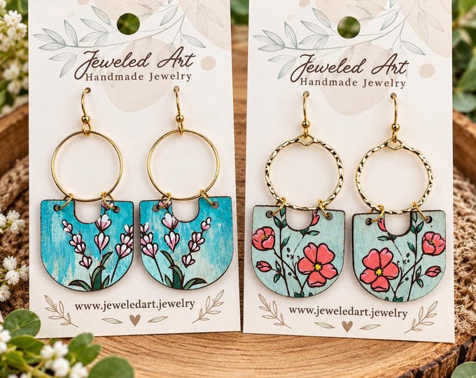 Watercolor Floral Hoop Earrings Collection – 2 Styles - Hand-painted Leather