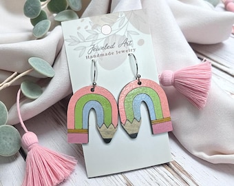 Hand-Painted Rainbow Pencil Arch Earrings – Back to School