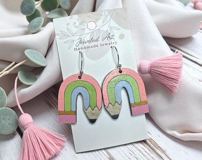 Hand-Painted Rainbow Pencil Arch Earrings – Back to School
