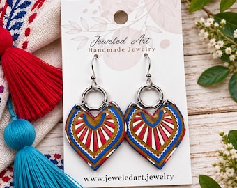 Hand-Painted Radiant Heart Shield Wood Earrings