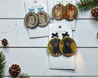Hand-Painted Woodland Animals Engraved Wood Circle Earrings
