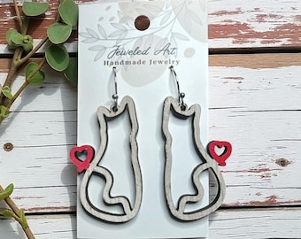 Hand-Painted Cat Silhouette Wood Earrings with Heart