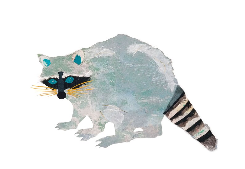 Waschbär bemalte Papier Collage Kunstdruck | Etsy