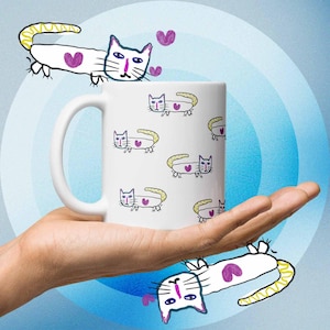 Funny Doodle Cat Coffee Mug, Whimsical Kitty Coffee Cup, Weird Hand Drawn Cup – Cute but Moody Gift – Grumpy Art Mug – Quirky Gift for Her