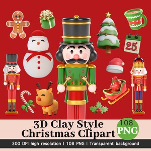 Może przedstawiać: Kolekcja świątecznych clipartów 3D w stylu gliny na czerwonym tle. Obraz zawiera dziadka do orzechów, bałwana, choinkę, piernikowego ludzika, renifera i inne świąteczne elementy. Tekst brzmi "3D Clay Style Christmas Clipart".