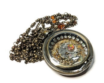 Handmade Steampunk Pocket Watch Necklace Shadowbox with Cogs Gears Watch Parts Chain made from recycled materials