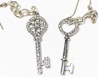Handmade Silver Rhinestone Skeleton Key Earrings sparkly dangle earrings hook style glam and glitz unique one of a kind