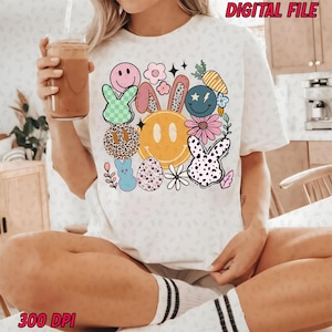 Groovy Easter Bunny Smile Retro Boho PNG, Happy Easter Day PNG, Easter Day Sublimation, Instant Dowload
