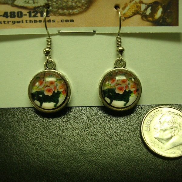 Cat pierced earrings with glass cabochons silver plated fish hooks CFE003FHS
