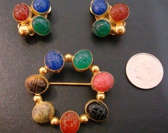Vintage 12kt GF Egyptian Scarab Pin and Clip Earring Set