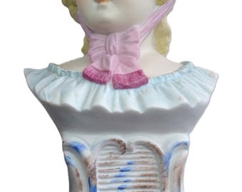 Victorian German Bisque Hand Painted Bust Of Woman Porcelain Figurine Statue