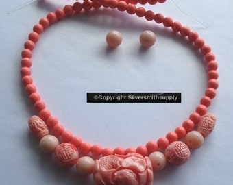 5 Carved Angel Skin Faux Coral Beads Huge 30x22mm Centerpiece 68pcs 6mm 16 inch Strand faux coral rounds and 6 Salmon Jade Beads Kit012