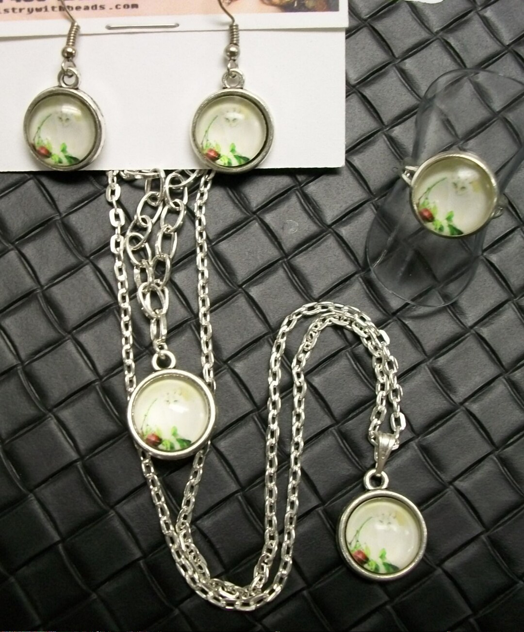 Standing White CAT Glass Gem Jewelry Set Necklace Bracelet Earrings