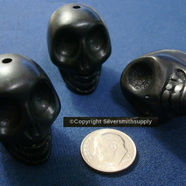 3 Huge black howlite skulls bead 30x30x24mm drilled top to bottom fpb175B