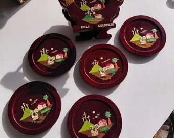 Columbian Vintage set of six handmade wooden drink coasters with a matching storage holder souvenir
