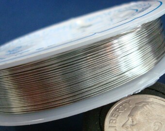 May include: A spool of silver-colored wire wound around a white plastic spool. The spool is sitting on a black surface with a silver coin.
