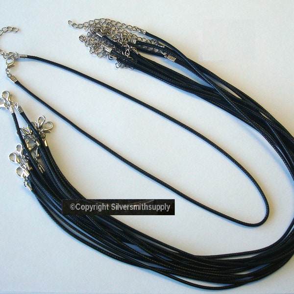 12 Necklace cords black 2mm faux leather 19 in. adjustable lobster clasps M026B