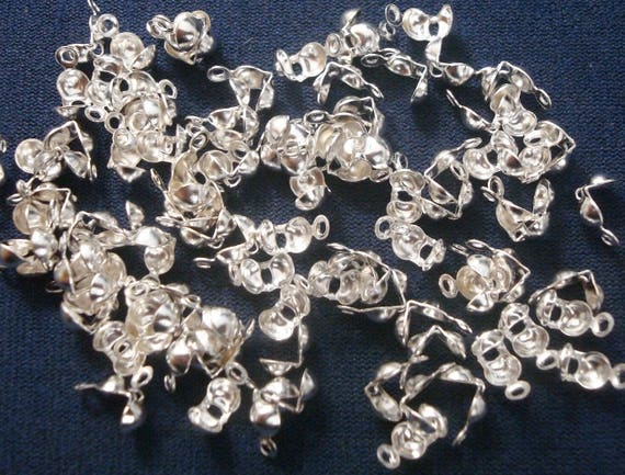 4mm Silver Plated closed clam shell metal bead tips 100+pc clasp findings FPC259
