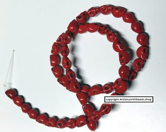 16" Red dyed skull beads day of the dead reconstituted Howlite 50 pcs 8x6m FPB187