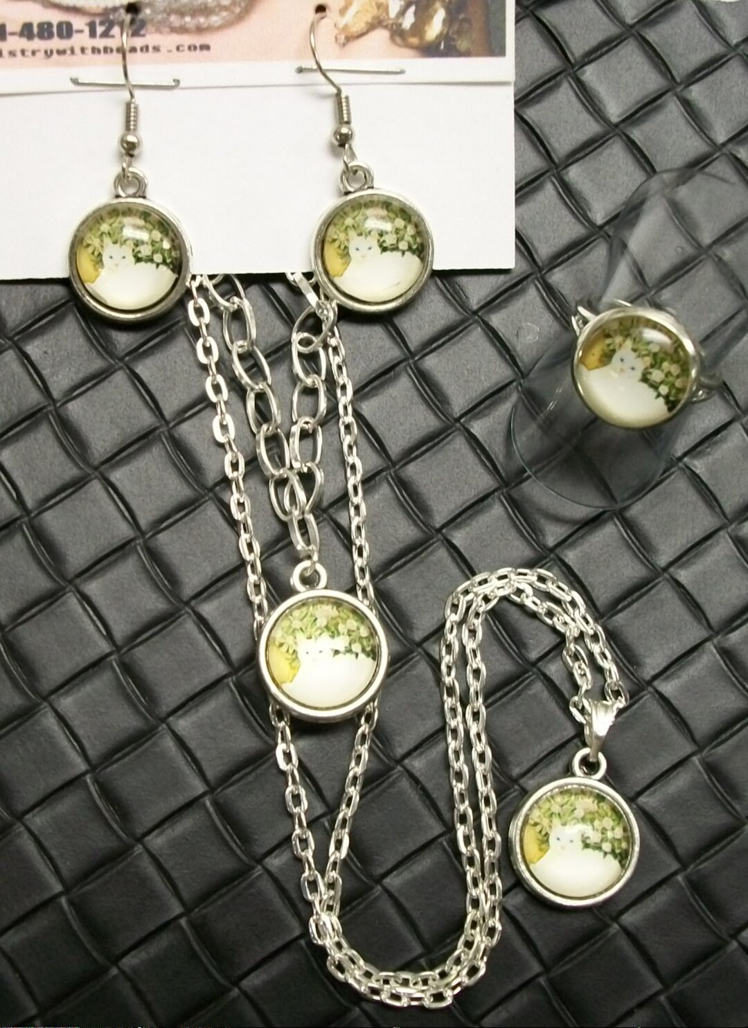 Laying White CAT Glass Gem Jewelry Set Necklace Bracelet Etsy