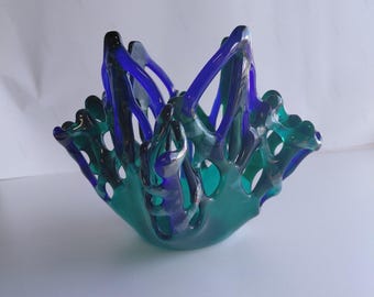 Murano Glass 6" Blue Turquois Lace Handkerchief Swirl Ruffled Edge Bowl