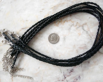 6 Necklace cords black braided faux leather 19 in adjustable lobster clasps m100