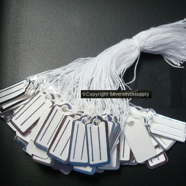 100 Silver foiled jewelry price tags write on label string 7/8" x 3/8" PT003