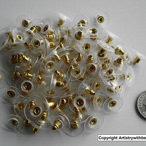 100 12MM Disk earring backs no tip clear plastic disk gold plated barrel clutch FPE012C