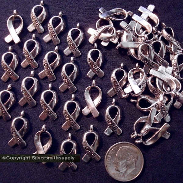 50 Cancer awareness hope ribbon charms antique silver plated zinc findings cfp071