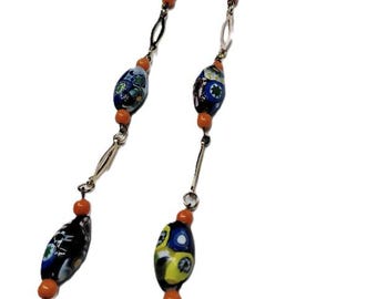Vintage Murano Millefiori Glass Bead Necklace, Gold Plated Chain (18x10mm Oval)