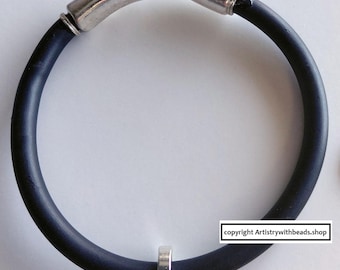 Men's 6mm bracelet thick black rubber hook eye clasp with charm bail M032