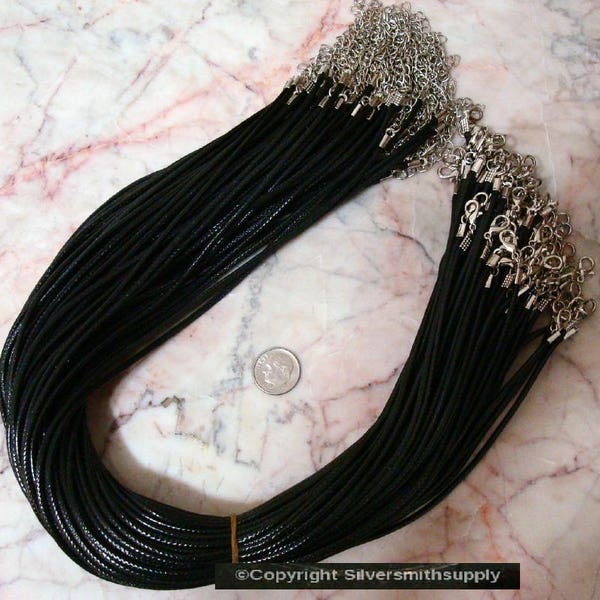 100 Necklace cords black 2mm faux leather 19 in. adjustable lobster clasps M026D