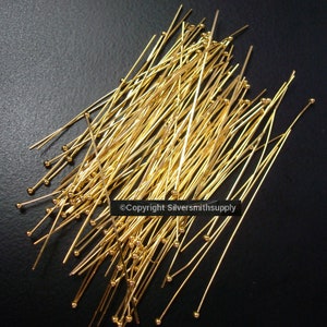 100 Ball head pins Yellow Gold plated jewelry dangle head pins 2 in long FPS076B