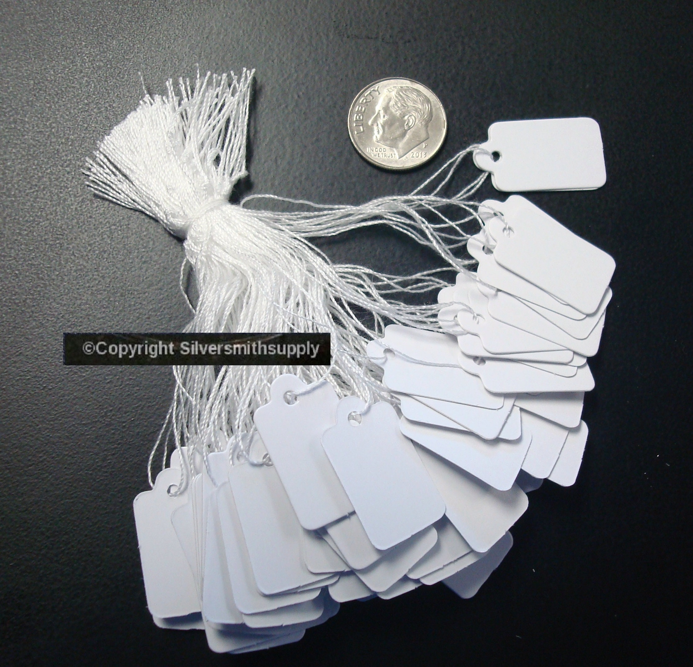 100 White paper jewelry price tags write on label string attch 3/4 x 1/2  PT007
