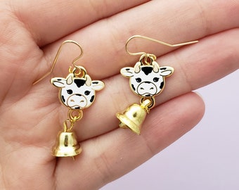 moo cow earrings // black and white cow with hanging liberty bell dangle earrings