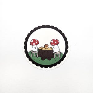 Mushroom Tea Party window rainbow decal // mushroom folk having acorn tea