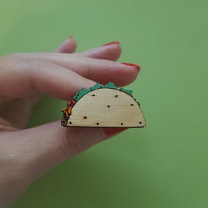 laser cut wood taco brooch