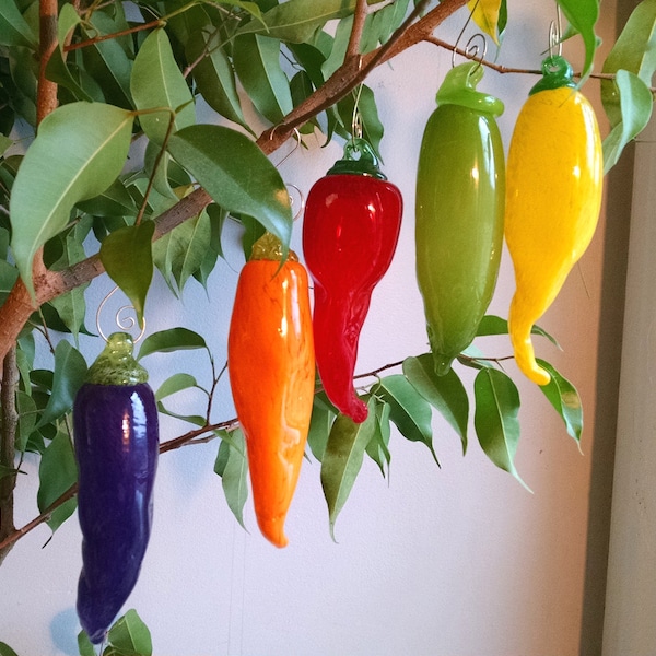 Glass Chili Peppers ~ Hand Blown Ornament. Available in Red, Purple, Orange, Yellow and Green. Aprox. 5 inches long