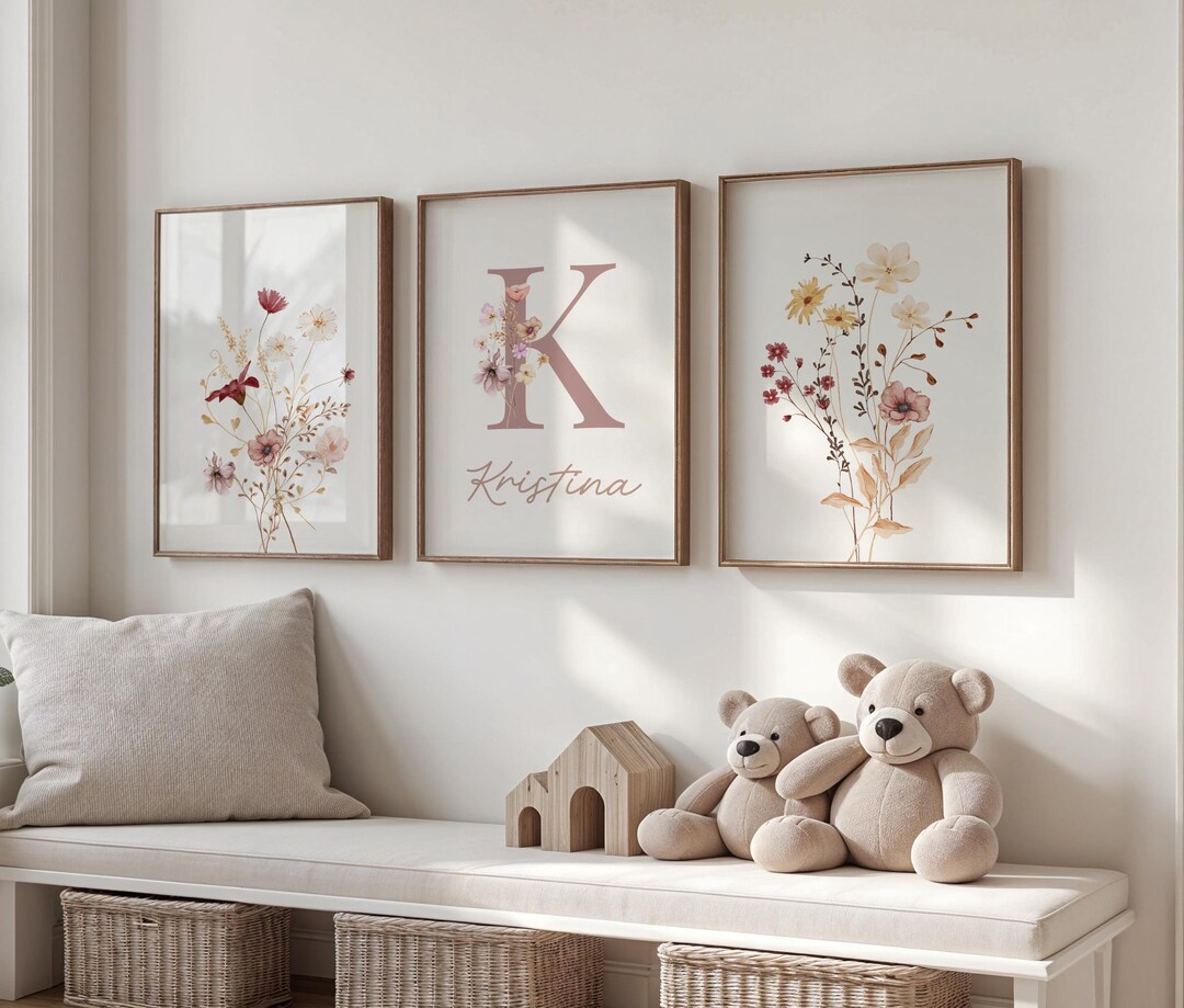 Set of 3 Wildflowers Nursery Wall Art, Personalized Prints, Custom ...