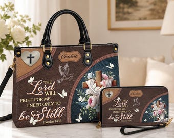 Bolsa de mano cristiana personalizada, bolso de mano con nombre personalizado y escrituras, bolso de piel sintética Éxodo 14:14, regalo religioso para mamá, bolso de fe